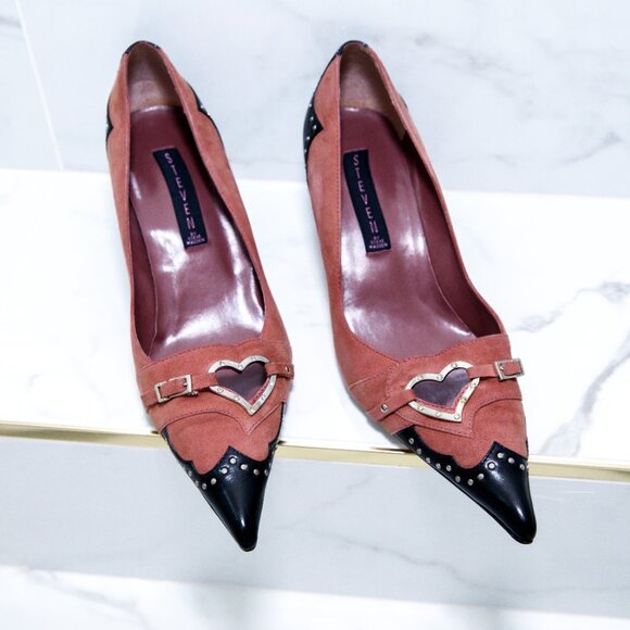 Vintage Steven by Steve Madden Red Black Leather Suede Kitten Heel Heart Studs - Picture 4 of 10